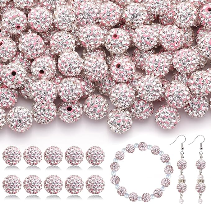200pcs 10mm Rhinestone Beads for Jewelry Making, Pink White Shiny Round Disco Ball Beads Bulk, Sparkle Crystal Clay Christmas for Bracelet Baseball Necklace Earring Crafting and DIY-CubbioJoy