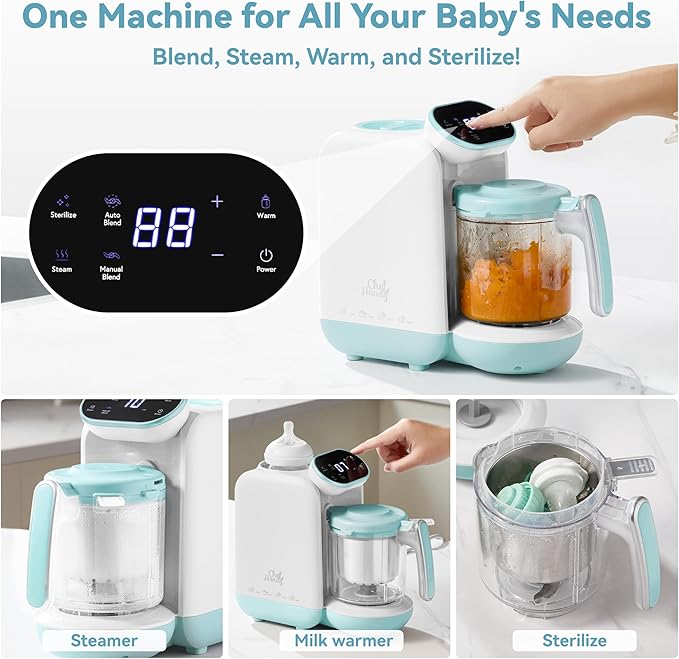 Chefhandy Baby Food Maker, Steamer & Blender, Puree Maker with Auto/Manual Blend, Steam Basket, Bottle Warmer & Sterili-zer, Compact Easy-to-Clean Baby Food Processor (White Blue)-CubbioJoy