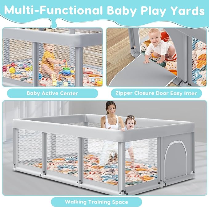 74" ×50" Large Baby Playpen, Baby Playard for Babies and Toddlers, Play Pens for Indoor & Outdoor, Sturdy Safety Play Yard with Soft Breathable Mesh, Anti-Fall, Grey (with MAT)-CubbioJoy