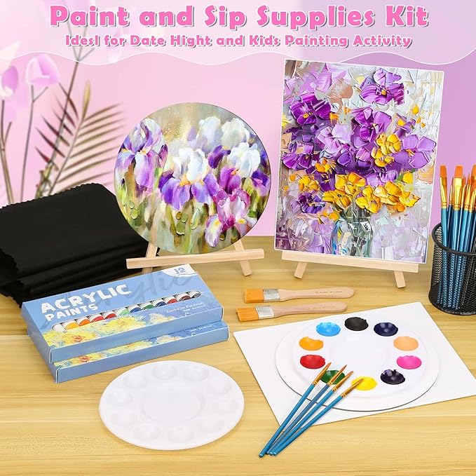 Date Night Painting Kit, 62 Pcs Detail Paint Brushes Canvas Panels with Wood Easel 12 Colors Acrylic Paint, Circular Canvas Art Aprons Sip and Paint Supplies for Adults, Kids, and Beginner-CubbioJoy