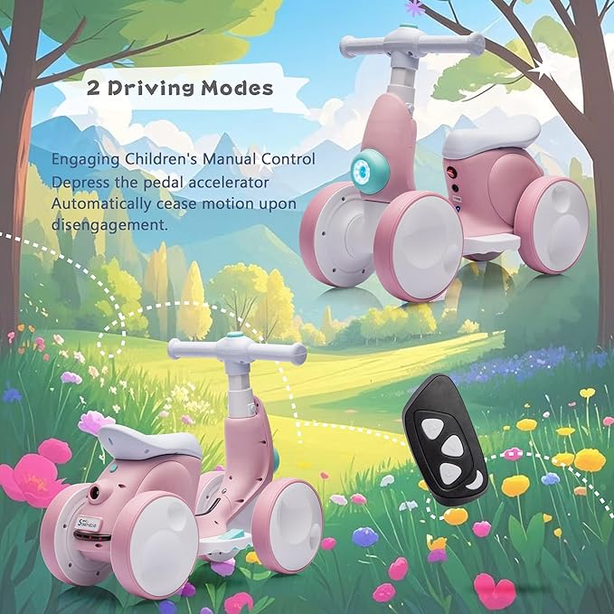 6V Electric Baby Balance Bike for 1 Year Old Boys Girls Ride on Toys 12-48 Months Toddler Balance Bike, 4 Wheels Kids First Bike with Remote Control First Birthday Gifts- Pink-CubbioJoy