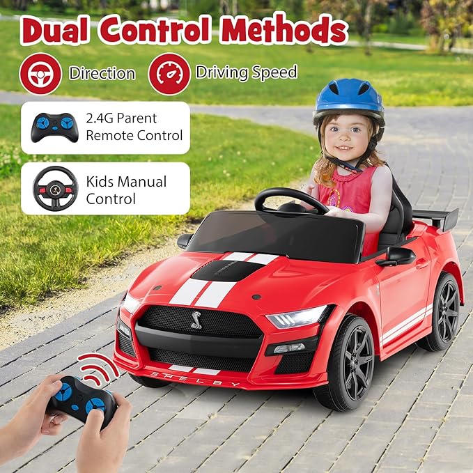 Costzon Ride on Car, 12V Licensed Ford Mustang Shelby GT500 Kids' Electric Vehicles w/Remote Control, USB Port, Radio, Music, Player, High Low Speed & Soft Start, Racing Kids Car for Toddlers (Red)-CubbioJoy