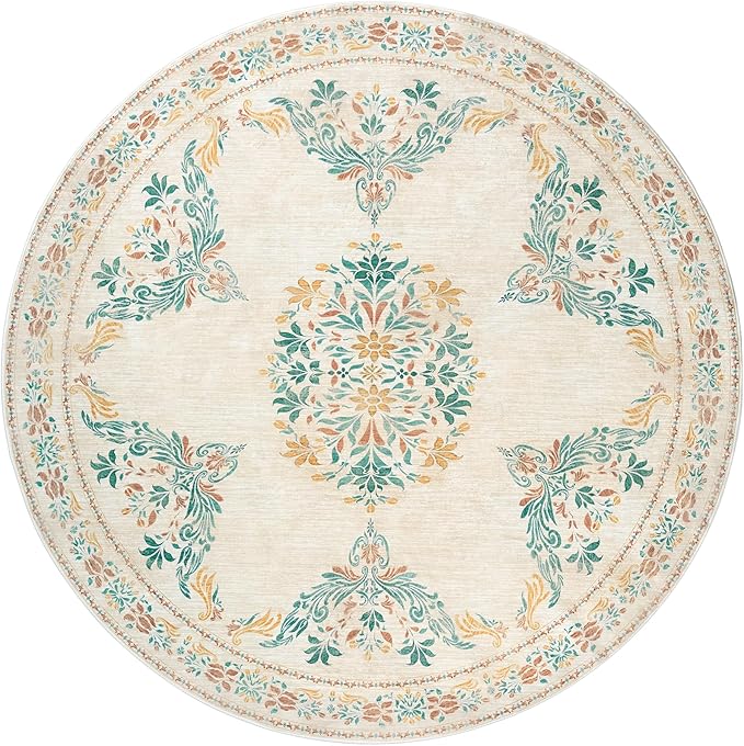 jinchan Round Rug 7ft Area Rugs,Vintage Floral Distressed Design Machine Washable Soft Non-Slip Low-Pile Ultra-Thin Circle Rug for Living Room Dining Room Bedroom Home Office (7' Round,Apricot Multi)-CubbioJoy