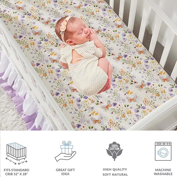 Brandream Wildflower Butterfly Crib Bedding Sets for Girls Nursery Set 3-Piece Farmhouse Quilt Comforter Set, Baby or Toddler Fitted Sheet, Double Crib Skirt, Cotton-CubbioJoy