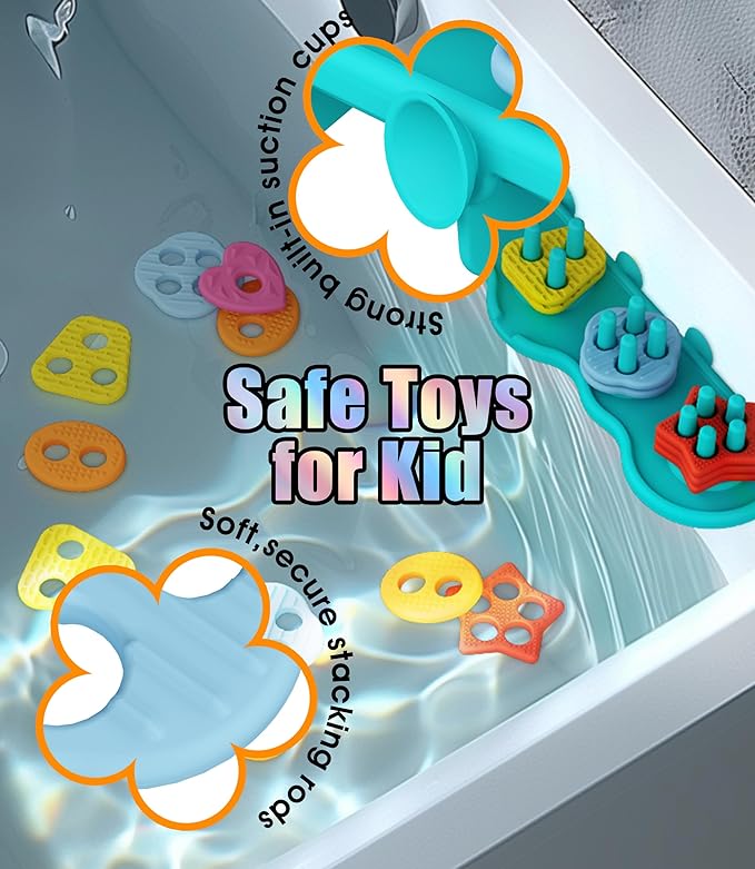 Baby Bath Toys Mold-Free Silicone Bath Toys, Sensory Shape Sorting & Stacking Set Includes 20 Floating Pieces, Early Learning Bathtub Toys for Toddlers-CubbioJoy