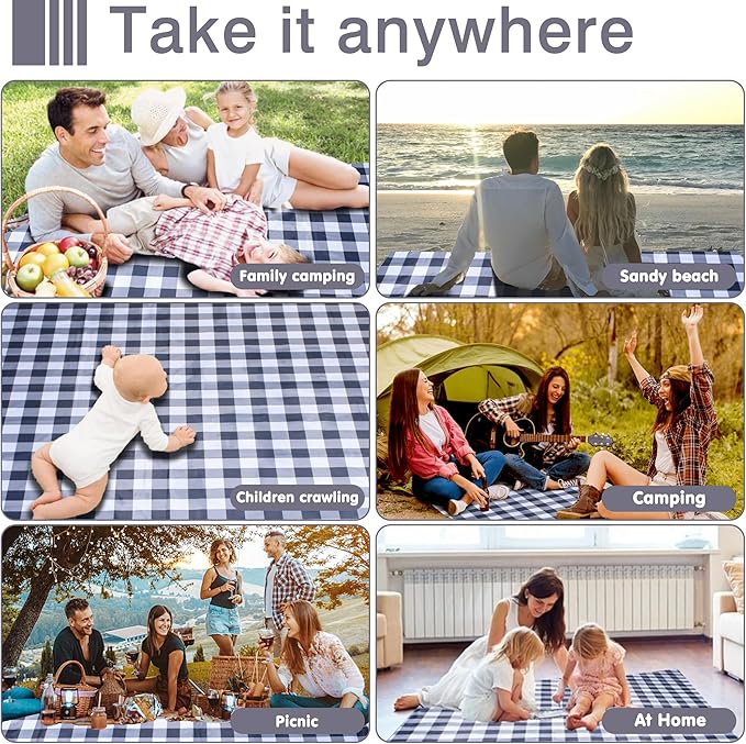 80"x80" Extra Large Waterproof Outdoor Mat - Sandproof Foldable Picnic Blanket for Family Camping, Backyard, Beach Parties - Heavy Duty & Easy Storage (Gray&White)-CubbioJoy