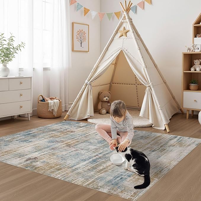 Area Rug for Living Room: 3x5 Washable Neutral Abstract Modern Soft Rugs Non Slip Indoor Floor Stain Resistant Carpet for Bedroom Dining Room Office Nursery - Blue Brown-CubbioJoy