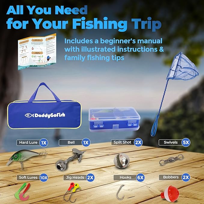 DaddyGoFish Kids Fishing Pole - Rod Reel Combo Tackle Box Starter Set - First Year Small Gear Kit for Boys Girls Toddler Youth Age Beginner Little Children-CubbioJoy