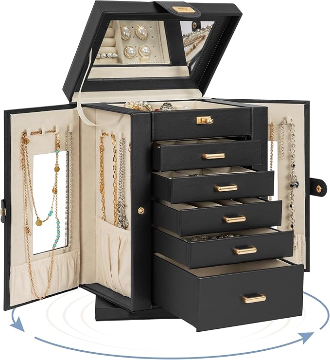 AKOZLIN Jewelry Box 6-Tier Organizer Functional 360° Rotating Jewelry Storage Case for Women Girls Ring Necklace Earring Bracelet Holder with Mirror-CubbioJoy