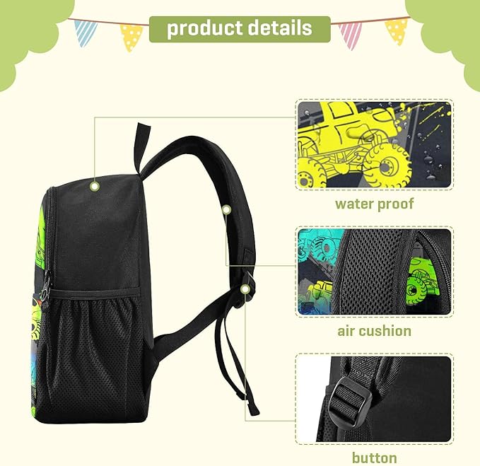 Colorful Monster Truck Toddler Backpack Waterproof Mini Backpack Boys/Girls Cute Small Kindergarten Pre School Bag-CubbioJoy