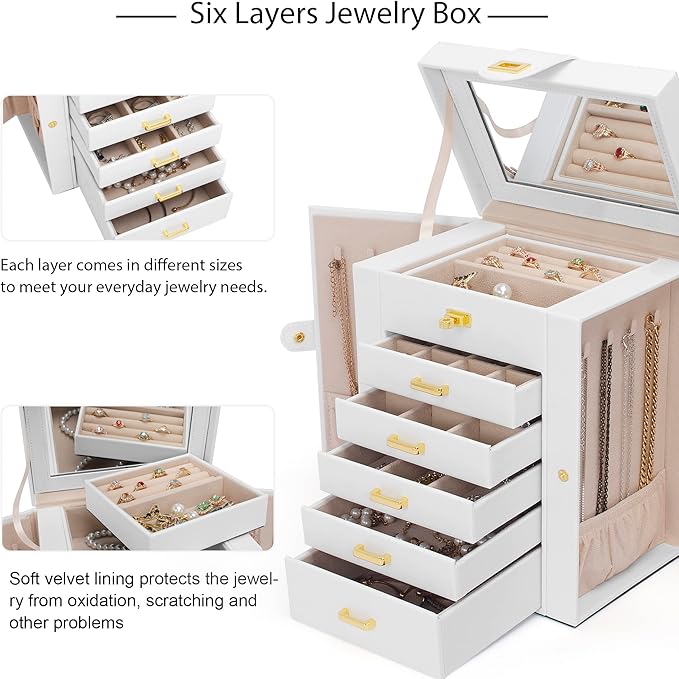 AKOZLIN Functional 6-Tier Jewelry Box Organizer with 5 Drawers Leather Jewelry Storage Case for Women Girls Ring Necklace Earring Bracelet Holder Organizer with Mirror White-CubbioJoy