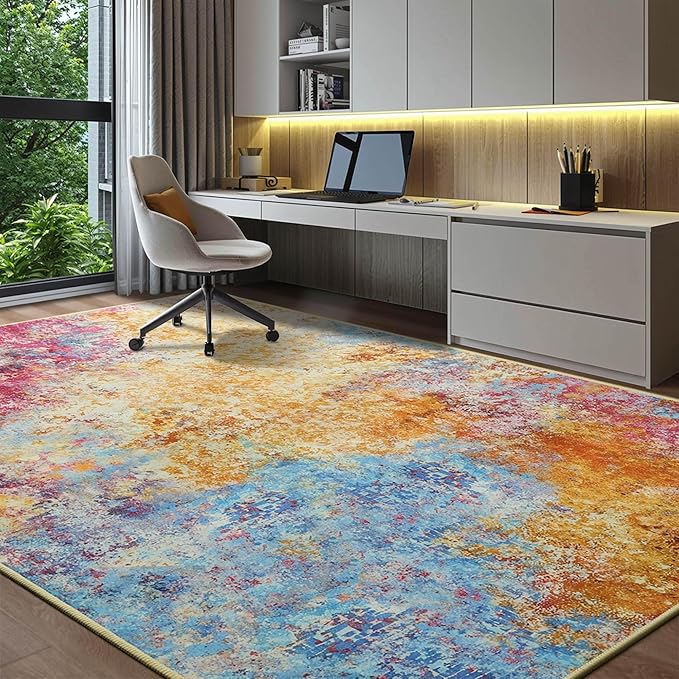 Kelarea Living Room Rug, 5x7 Modern Abstract Washable Rugs, Colorful Non Slip Low Pile Carpet, Stain Resistant Rugs for Bedroom, Dining Room, Nursery, Home Office-CubbioJoy
