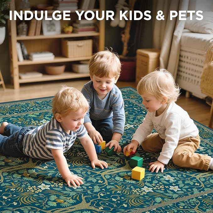 Joydeco Washable Area Rugs 5x7, Boho Floral Dining Room Rug Non Slip, Soft Low-Pile Botanical Forest Indoor Floor Throw Carpet for Living Home Office Playroom Foyer, Dark Blue-CubbioJoy