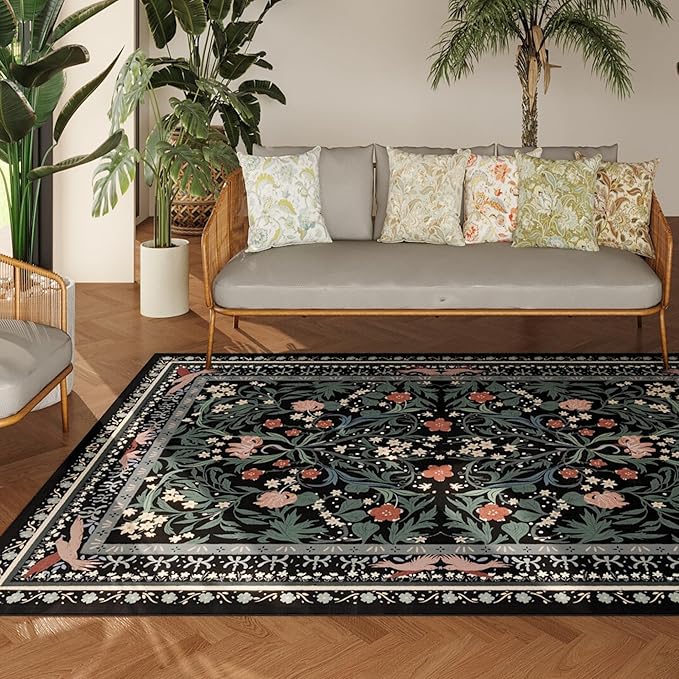 Bedroom Rug 3x5 Rug Washable Area Rug Non Slip Low Pile Vintage Floral Botanical Small Carpet for Bedroom, Bedside, Kitchen, Entryway, Kids Room, Office, Black-CubbioJoy