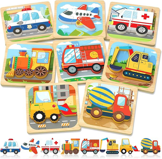 Benresive Wooden Toddler Puzzles, Montessori Toys for 1 2 3 Year Old Boys, Toys for 1 2 3 Year Old Boy Birthday Gifts, 8 Pack Vehicle Toddler Learning Educational Puzzles-CubbioJoy