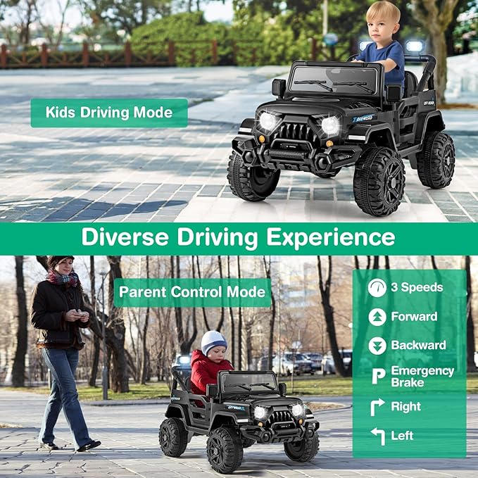Costzon 12V Kids Ride on Truck Car, Electric Vehicle w/Remote Control, Threaded Wheels, 3 Speeds, LED Lights, Music, Horn & Wireless Connection, Battery Powered Ride on Toy for Boys & Girls 3+ (Black)-CubbioJoy