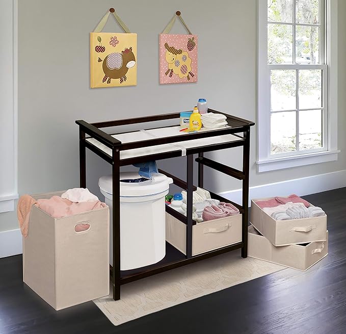 Badger Basket Modern Baby Changing Table with Laundry Hamper, 3 Storage Drawers and Pad, Diaper Change Station - Espresso/Ecru-CubbioJoy