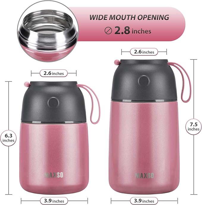 Insulated Thermo Food Jar for Hot & Cold Food for Kids Adult, 17&24 oz Soup Thermal Hot Food Containers for Lunch, Triple Layer Insulation Stainless Steel Food Jar with Spoon (2 Pack Pink)-CubbioJoy