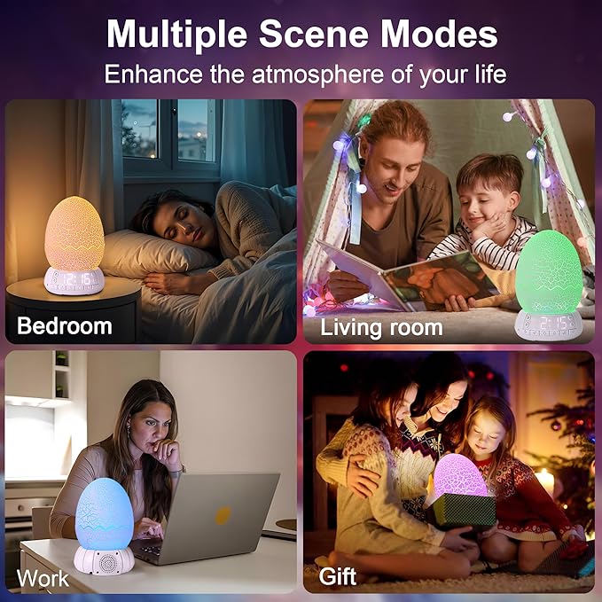 Dinosaur Alarm Clock with Wake Up Light, Digital Clock on Desk + 8 Colors Night Light + 20 Sleep Training Sound + Bluetooth Speaker All in 1 for Kids/Boys/Girls/Adult (Dinosaur)-CubbioJoy