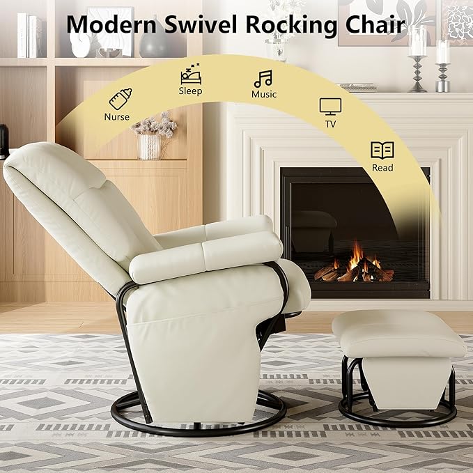AODAILIHB Swivel Glider Recliner with Ottoman, 360 Rocking Chair with Foot Rest Recliner Chair Indoor Rocking Chair with Side Pockets Nursery Chairs for Living Room, Bedroom, Office (White)-CubbioJoy