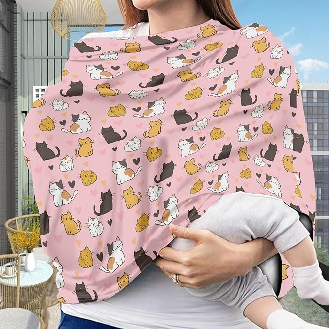 Binienty Baby Car Seat Covers - Cartoon Kitten Infant Carseat Canopy Multi-use Stretch Nursing Cover for Breastfeeding-CubbioJoy