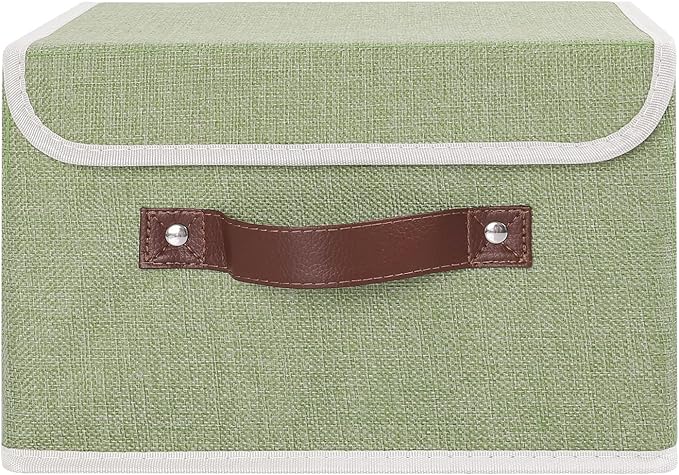 ANMINY Storage Bin with Lid Storage Boxes with PU Leather Handles PP Plastic Board Decorative Foldable Lidded Cotton Linen Fabric Home Cubes Baskets Closet Organizer Container - Green, Small Size-CubbioJoy