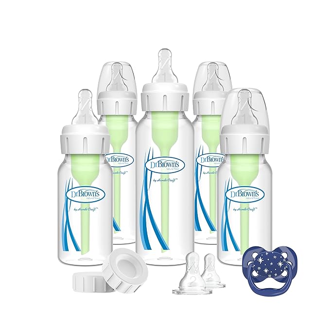 Dr. Brown's Natural Flow Anti-Colic Options+ Narrow Baby Bottle Gift Set with Advantage Pacifier, and Bottle Travel Caps-CubbioJoy