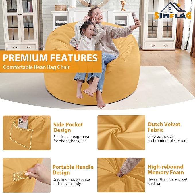 3FT Bean Bag Chair, Comfy Bean Bag Chairs with Memory Foam Filled, Fluffy Beanbag Sofa with Dutch Velvet Cover, Round BeanBag Chairs for Living Room, Playroom - Mustard-CubbioJoy