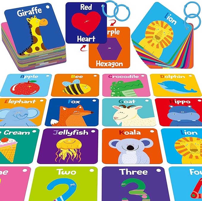 80 PCS Word Flashcards, Double Sided First Word Cards- Alphabet, Numbers, Foods, Animals, CVC Words, Colors & Shapes with 4 Reclosable Rings, Early Learning Tool for Pre-K Kindergarten Toddlers-CubbioJoy