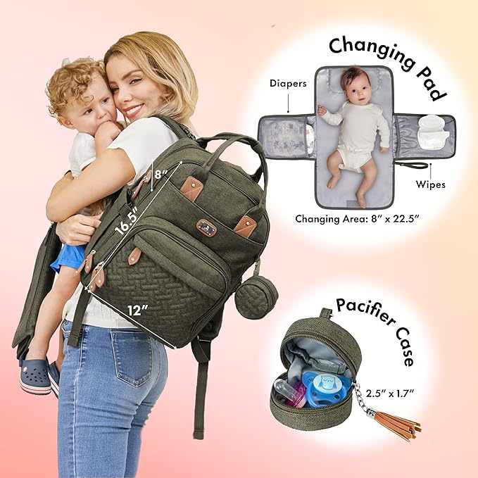 Dikaslon Diaper Bag Backpack with Portable Changing Pad, Pacifier Case and Stroller Straps, Large Unisex Baby Bags for Boys Girls, Multipurpose Travel Back Pack for Moms Dads, Army Green-CubbioJoy