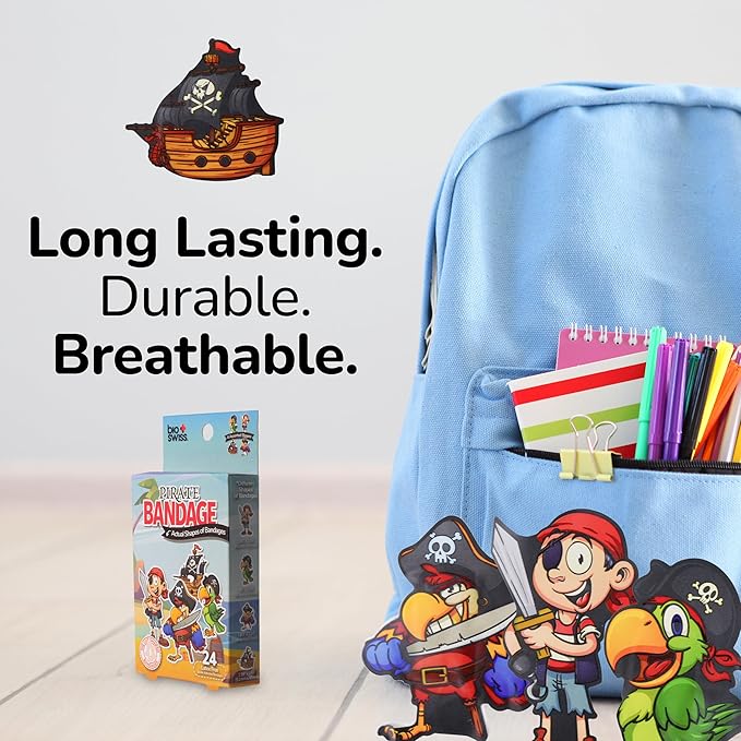 BioSwiss Bandages, Pirate Shaped Self Adhesive Bandage, Latex Free Sterile Wound Care, Fun First Aid Kit Supplies for Kids and Adults, 24 Count-CubbioJoy