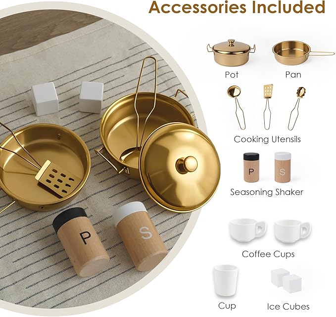 Interactive Wooden Play Kitchen for Kids 3+ Realistic Stove Sounds & Ice Maker Pretend Playset with 12 Kitchen Accessories Montessori Toy-CubbioJoy