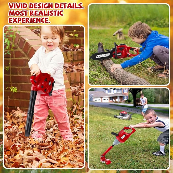 3 Pcs Toy Gardening Tool Set for Kids Toy Leaf Blower Weed Trimmer Chainsaw Pretend Play Set with Lights and Sounds Birthday for Boys Girls-CubbioJoy