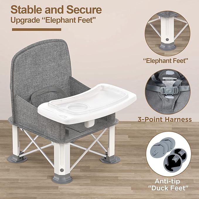 Baby Travel Booster Seat with Double Tray, BabyBond Upgraded Toddler Portable Baby Chair, Booster Seat for Dining Table, Stable and Foldable Booster Baby Chair for Indoor/Outdoor (Grey)-CubbioJoy
