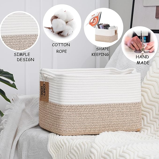 COMFY-HOMI 3-Pack Cotton Rope Woven Basket with Handles for Shelves, Books, Toys, Cloth Storage|Towel Storage|Nursery Baby Basket - 13.5" x 11" x 9.5" for Living Room (White/Brown)-CubbioJoy
