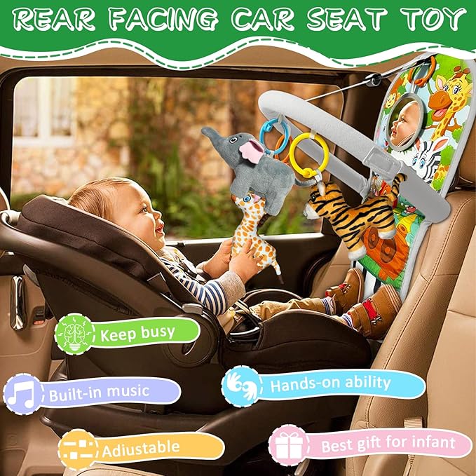 Car Seat Toys for 6-12 Months - Musical Pedal Piano with Baby Mirror, Squeaky Sensory Soft Animal Toys for Rear Facing Carseats-CubbioJoy