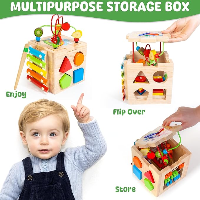 8-in-1 Wooden Baby Activity Cube - Xylophone, Shape Sorter, Abacus| 1st Birthday Gift Toys for One 1 2 3 Year Old Boy Girl | Montessori Educational Learning Toddler Toy| Bonus Sorting & Stacking Board-CubbioJoy