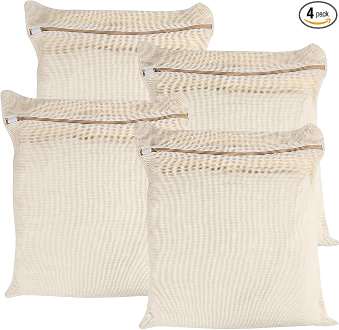 4-Piece Large Durable Organic Cotton Mesh Laundry Bags with Sturdy Zippers and Breathable Mesh are Delicate Laundry Bags for Underwear, Clothes, Pants and Socks-CubbioJoy