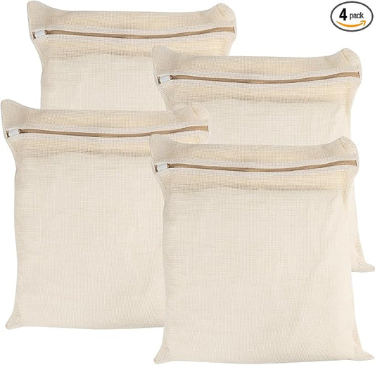 4-Piece Large Durable Organic Cotton Mesh Laundry Bags with Sturdy Zippers and Breathable Mesh are Delicate Laundry Bags for Underwear, Clothes, Pants and Socks-CubbioJoy