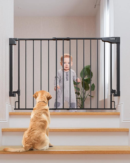 Cumbor 29.2-43" No Bottom Bar Baby Gate for Stairs, 2-in-1 Hardware Mounted Dog Gate Indoor, Wide Pet Gates for Doorway with Large Walk Thru Door, Child-Proof Gate for Top & Bottom of Stairs(Black)-CubbioJoy
