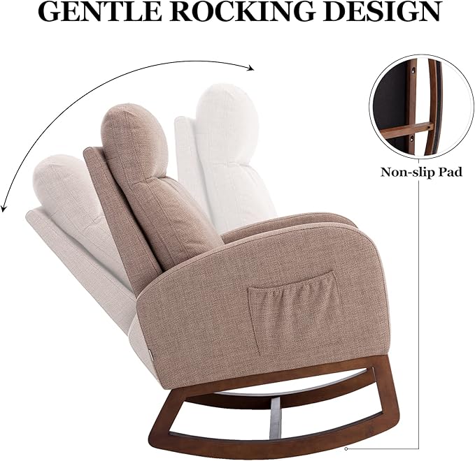 Dolonm Nursery Rocking Chair for Living Room, Upholstered Mid-Century Modern Nursery Rocking Armchair Tall Back Accent Glider Rocker, Camel-CubbioJoy