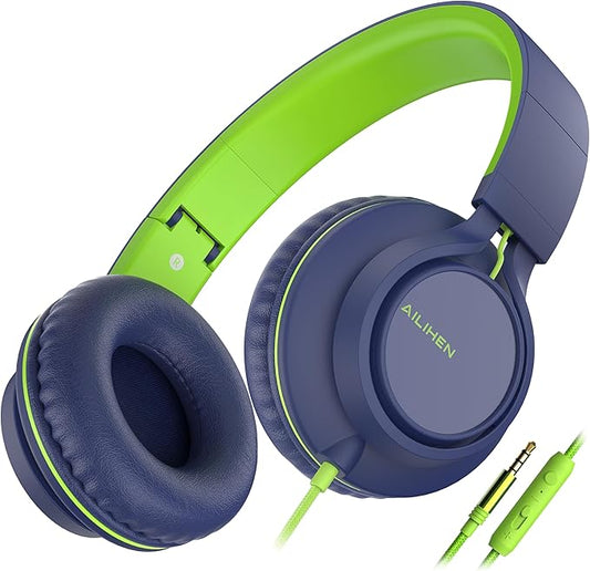 AILIHEN C8 Headphones Wired, On-Ear Headphones with Microphone and Volume Control, Corded 3.5mm Headset for Boys Girl School Smartphones Chromebook Laptop Computer Tablets Airplane Travel (Blue Green)-CubbioJoy
