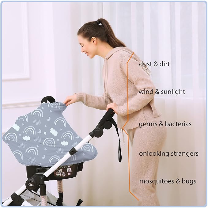Car Seat Covers for Babies - Multi- use Nursing Carseat Canopy, Breastfeeding Covers, Baby Shower Gifts for Boys and Girls (Grey Rainbow)-CubbioJoy