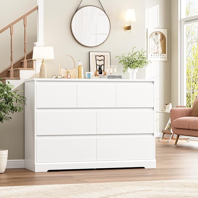 Dresser for Bedroom, Modern White Dresser, Wood Chest of Drawers Nursery Dressers, with Storage, 7 Drawer Double with Handle Free, Large Storage Organizer for Living Room,White-CubbioJoy