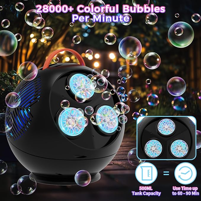Bubble Machine Automatic Bubble Blower for Kids Toddlers Rechargeable Portable Spherical LED Bubble Maker Electric Auto Rotating 45°/360° Outdoor Toy Birthday Party Wedding (Spherical Black)-CubbioJoy