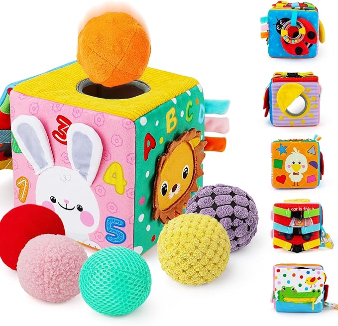 beetoy Sensory Busy Cube for Baby, Montessori Infant Toys with Textured Sensory Balls, Early Learning Travel Toys for Fine Motor Skills, Perfect Newborn Boy and Girl Gift-CubbioJoy