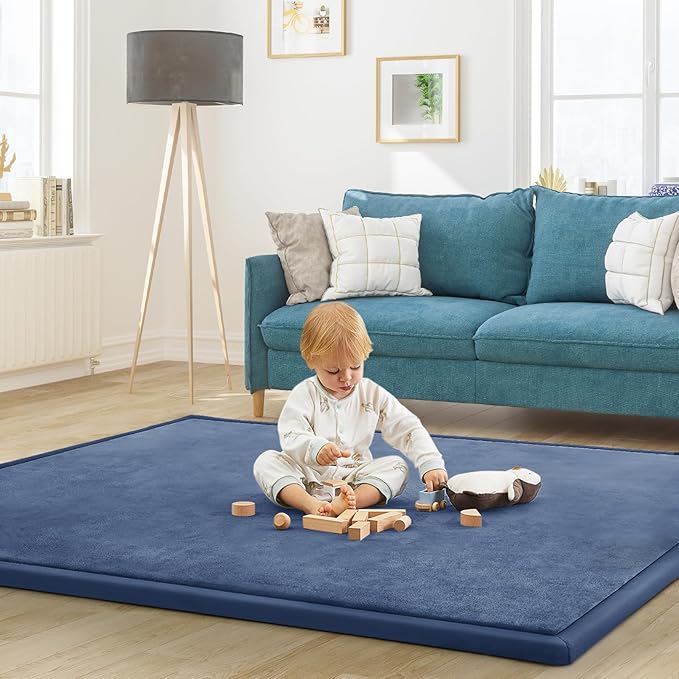 Baby Play Mat for Floor Tummy Time Nursery Muscle Mat Area Rug Playroom Rug Tatami 79"x118" Memory Foam 1.3" Thick Crawling For Babies,Toddlers, Infants, Kids,Floor(Blue)-CubbioJoy