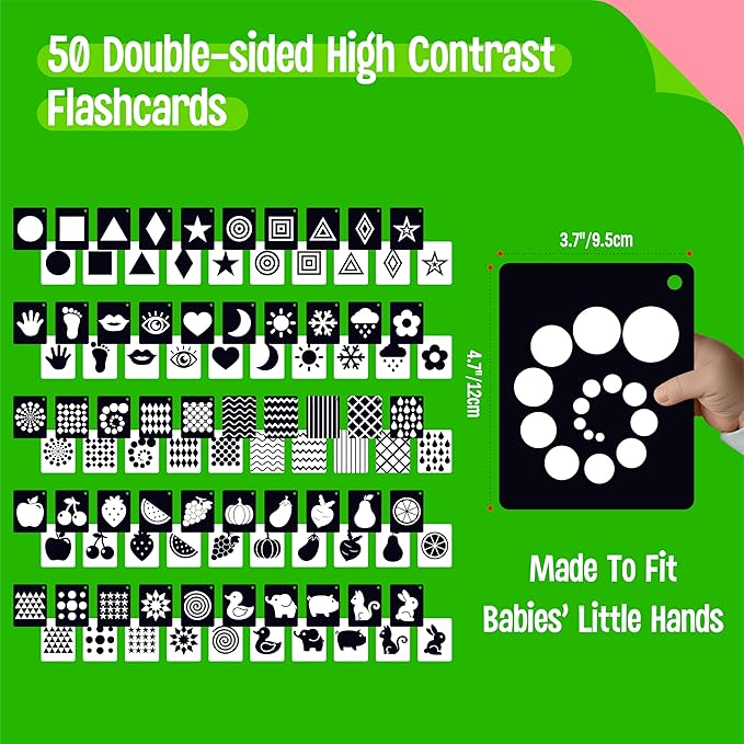 50PCS High Contrast Baby Flashcards, 100 Pages Black & White Visual Stimulus Flash Cards, Brain Development Cards Set Montessori Sensory Toys for Infants Newborn Boy Girl Baby Tummy Time (0-3 Months)-CubbioJoy