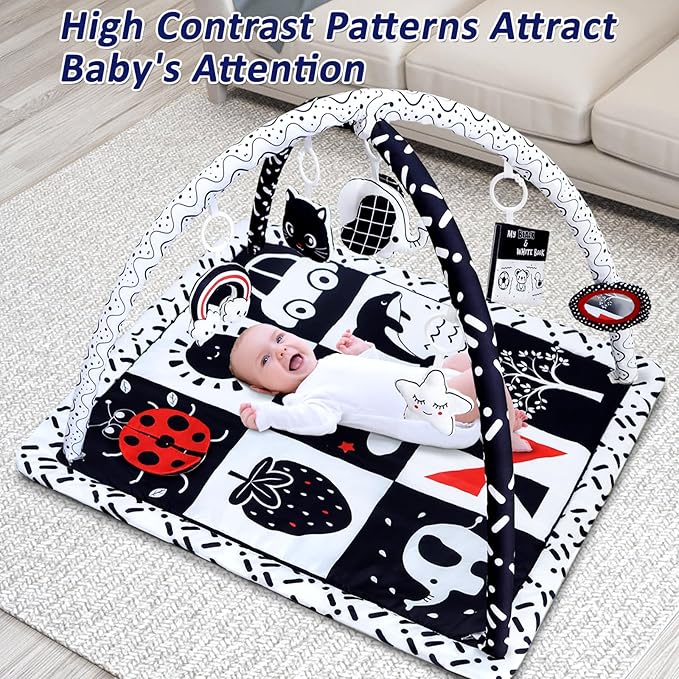 Black and White Baby Gym Play Mat with 6 Toys Tummy Time Activity Mat for Babies 0-6 6-12 Months High Contrast Baby Gyms & Playmats Sensory Toys Newborn Brain Development Infant Play Mat-CubbioJoy