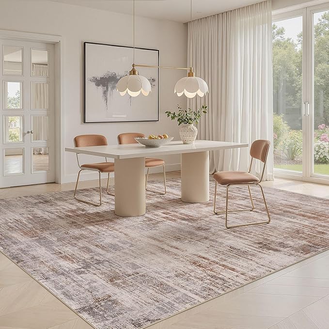 Area Rug for Living Room: 10x14 Washable Neutral Abstract Modern Soft Rugs Non Slip Indoor Floor Stain Resistant Large Carpet for Bedroom Dining Room Office Nursery - Red Brown-CubbioJoy